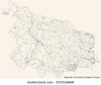 Black simple detailed street roads map on vintage beige background of the neighbourhood Hegyvidék 12th district (XII kerület) of Budapest, Hungary