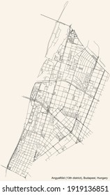 Black simple detailed street roads map on vintage beige background of the neighbourhood Angyalföld 13th district (XIII kerület) of Budapest, Hungary