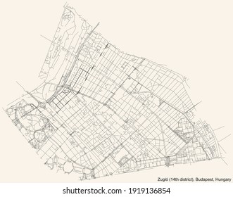 Black simple detailed street roads map on vintage beige background of the neighbourhood Zugló 14th district (XIV kerület) of Budapest, Hungary