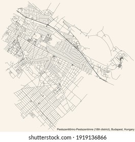 Black simple detailed street roads map on vintage beige background of the neighbourhood Pestszentlőrinc-Pestszentimre 18th district (XVIII kerület) of Budapest, Hungary