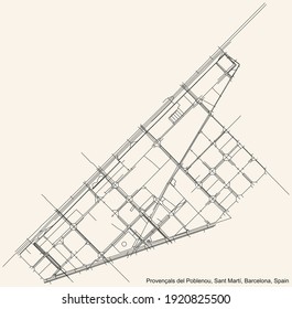 Black simple detailed street roads map on vintage beige background of the Provençals del Poblenou neighbourhood of the Sant Martí district of Barcelona, Spain