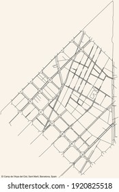 Black simple detailed street roads map on vintage beige background of the El Camp de l'Arpa del Clot neighbourhood of the Sant Martí district of Barcelona, Spain