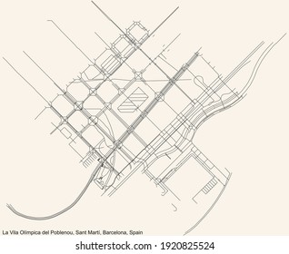 Black simple detailed street roads map on vintage beige background of the La Vila Olímpica del Poblenou neighbourhood of the Sant Martí district of Barcelona, Spain