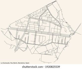 Black simple detailed street roads map on vintage beige background of the La Guineueta neighbourhood of the Nou Barris district of Barcelona, Spain