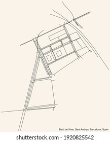Black simple detailed street roads map on vintage beige background of the Baró de Viver neighbourhood of the Sant Andreu district of Barcelona, Spain