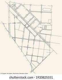 Black simple detailed street roads map on vintage beige background of the El Congrés i els Indians neighbourhood of the Sant Andreu district of Barcelona, Spain