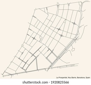 Black simple detailed street roads map on vintage beige background of the La Prosperitat neighbourhood of the Nou Barris district of Barcelona, Spain