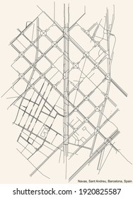 Black simple detailed street roads map on vintage beige background of the Navas neighbourhood of the Sant Andreu district of Barcelona, Spain