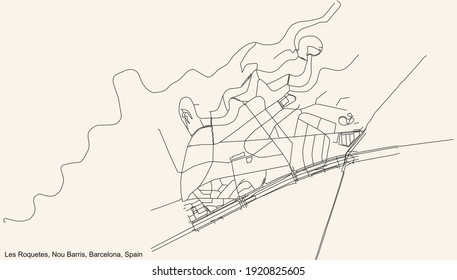 Black simple detailed street roads map on vintage beige background of the Les Roquetes neighbourhood of the Nou Barris district of Barcelona, Spain