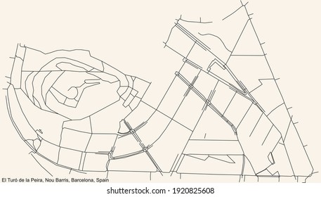 Black simple detailed street roads map on vintage beige background of the El Turó de la Peira neighbourhood of the Nou Barris district of Barcelona, Spain