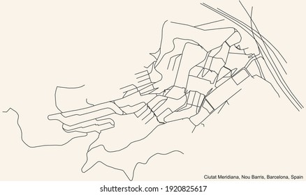 Black simple detailed street roads map on vintage beige background of the Ciutat Meridiana neighbourhood of the Nou Barris district of Barcelona, Spain