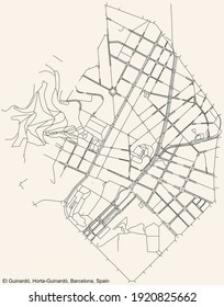 Black simple detailed street roads map on vintage beige background of the El Guinardó neighbourhood of the Horta-Guinardó district of Barcelona, Spain