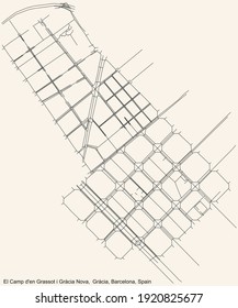 Black simple detailed street roads map on vintage beige background of the El Camp d'en Grassot i Gràcia Nova neighbourhood of the Gràcia district of Barcelona, Spain