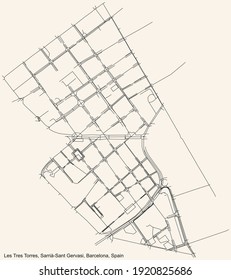 Black simple detailed street roads map on vintage beige background of the Les Tres Torres neighbourhood of the Sarrià-Sant Gervasi district of Barcelona, Spain