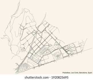 Black simple detailed street roads map on vintage beige background of the Pedralbes neighbourhood of the Les Corts district of Barcelona, Spain