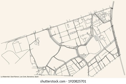 Schwarze, einfache, detaillierte Straßenkarte auf beigem Hintergrund des Viertels La Maternitat i Sant Ramon im Stadtteil Les Corts in Barcelona, Spanien