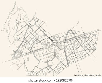 Black simple detailed street roads map on vintage beige background of the quarter Les Corts district of Barcelona, Spain