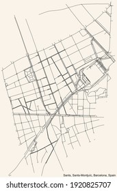 Black simple detailed street roads map on vintage beige background of the Sants neighbourhood of the Sants-Montjuïc district of Barcelona, Spain