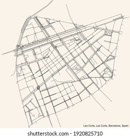 Black simple detailed street roads map on vintage beige background of the Les Corts neighbourhood of the Les Corts district of Barcelona, Spain