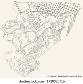 Black simple detailed street roads map on vintage beige background of the El Poble-sec neighbourhood of the Sants-Montjuïc district of Barcelona, Spain