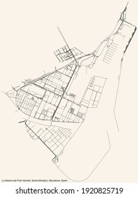 Black simple detailed street roads map on vintage beige background of the La Marina del Prat Vermell neighbourhood of the Sants-Montjuïc district of Barcelona, Spain