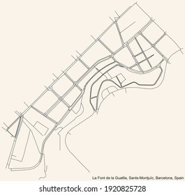 Black simple detailed street roads map on vintage beige background of the La Font de la Guatlla neighbourhood of the Sants-Montjuïc district of Barcelona, Spain