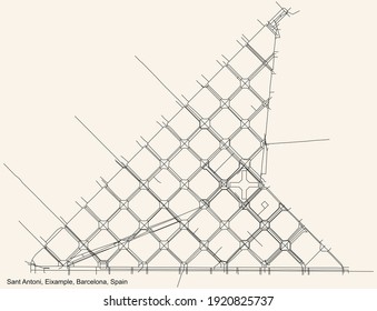 Black simple detailed street roads map on vintage beige background of the Sant Antoni neighbourhood of the Eixample district of Barcelona, Spain