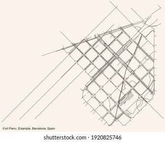 Black simple detailed street roads map on vintage beige background of the Fort Pienc neighbourhood of the Eixample district of Barcelona, Spain