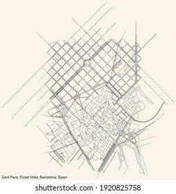 Black simple detailed street roads map on vintage beige background of the Sant Pere, Santa Caterina i la Ribera neighbourhood of the Ciutat Vella district of Barcelona, Spain