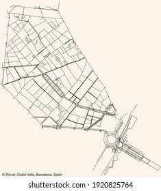 Black simple detailed street roads map on vintage beige background of the El Raval neighbourhood of the Ciutat Vella district of Barcelona, Spain