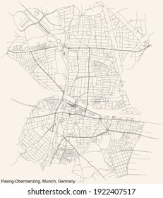 Black simple detailed street roads map on vintage beige background of the quarter Pasing-Obermenzing borough (Stadtbezirk) of Munich, Germany