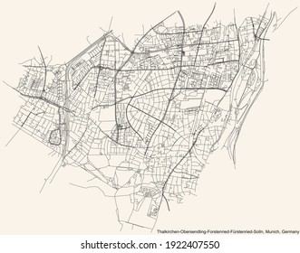 Black simple detailed street roads map on vintage beige background of the quarter Thalkirchen-Obersendling-Forstenried-Fürstenried-Solln borough (Stadtbezirk) of Munich, Germany
