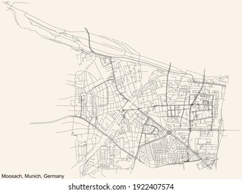 Black simple detailed street roads map on vintage beige background of the quarter Moosach borough (Stadtbezirk) of Munich, Germany