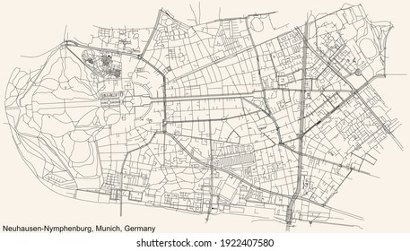 Black simple detailed street roads map on vintage beige background of the quarter Neuhausen-Nymphenburg borough (Stadtbezirk) of Munich, Germany