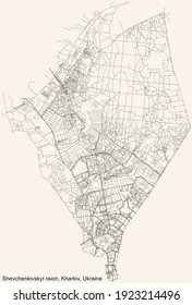 Black simple detailed street roads map on vintage beige background of the quarter Shevchenkivskyi district (raion) of Kharkiv, Ukraine