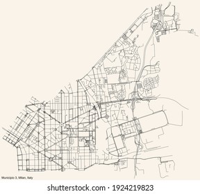 Black simple detailed street roads map on vintage beige background of the quarter Municipio 3 Zone of Milan, Italy (Città Studi, Lambrate, Porta Venezia)