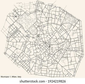 Black simple detailed street roads map on vintage beige background of the quarter Municipio 1 Zone of Milan, Italy (Centro storico)