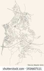 Black simple detailed street roads map on vintage beige background of the quarter Rakovica municipality of Belgrade, Serbia