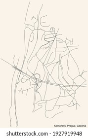 Black simple detailed street roads map on vintage beige background of the municipal district Komořany cadastral area of Prague, Czech Republic