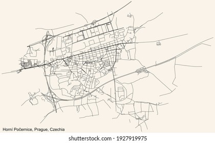 Black simple detailed street roads map on vintage beige background of the municipal district Horní Počernice cadastral area of Prague, Czech Republic