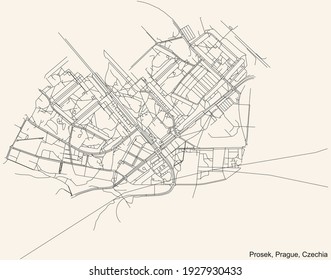 Black simple detailed street roads map on vintage beige background of the municipal district Prosek cadastral area of Prague, Czech Republic
