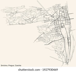 Black simple detailed street roads map on vintage beige background of the municipal district Smíchov cadastral area of Prague, Czech Republic