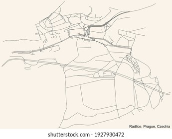 Black simple detailed street roads map on vintage beige background of the municipal district Radlice cadastral area of Prague, Czech Republic