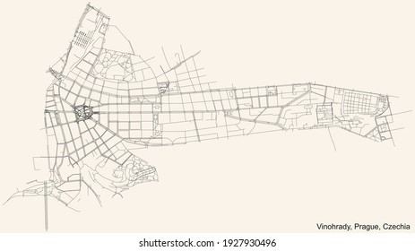 Black simple detailed street roads map on vintage beige background of the municipal district Vinohrady cadastral area of Prague, Czech Republic