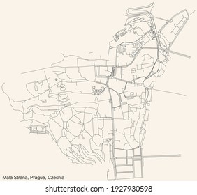 Black simple detailed street roads map on vintage beige background of the municipal district Malá Strana (Lesser Town) cadastral area of Prague, Czech Republic