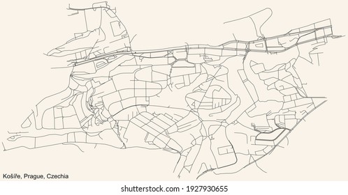 Mapa de calles sencillas y negras en el fondo beige vintage del distrito municipal de Košíře, zona catastral de Praga, República Checa