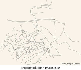 Black simple detailed street roads map on vintage beige background of the municipal district Tocna cadastral area of Prague, Czech Republic