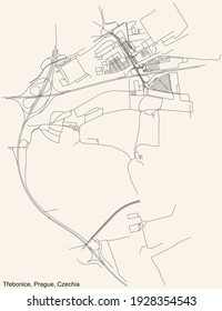 Black simple detailed street roads map on vintage beige background of the municipal district Trebonice cadastral area of Prague, Czech Republic