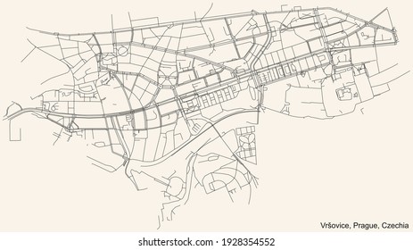 Black simple detailed street roads map on vintage beige background of the municipal district Vrsovice cadastral area of Prague, Czech Republic