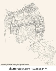 Black simple detailed street roads map on vintage beige background of the quarter Sovetsky District (raion) of Nizhny Novgorod, Russia